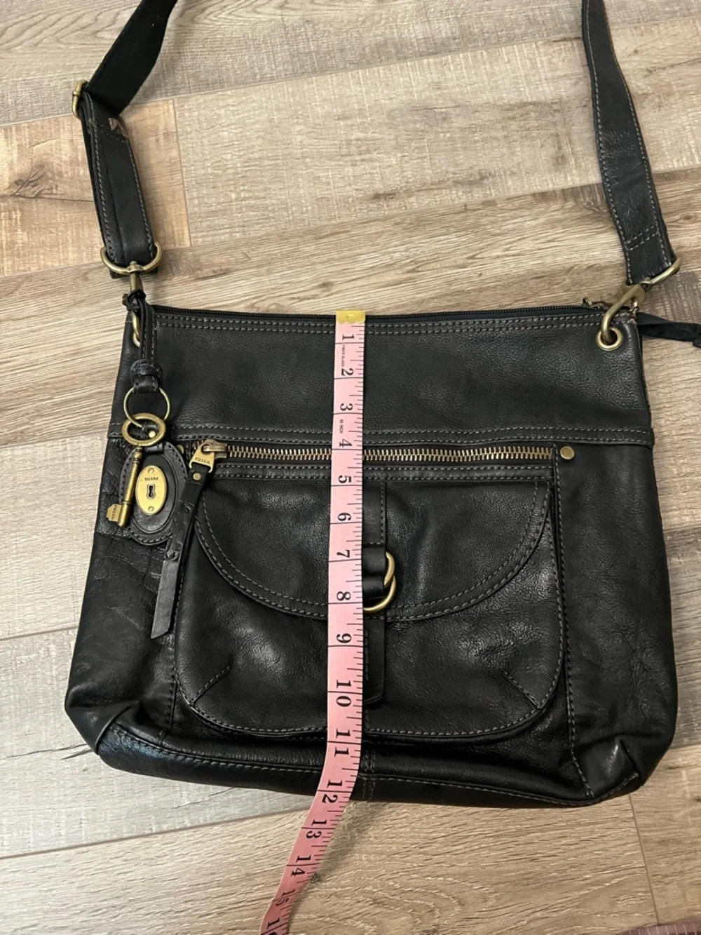 Fossil Black Leather Crossbody with Brass Hardware